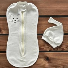Пеленка-кокон на молнии с шапочкой BabyStarTex, футер, молочный/морда кошки, Унисекс