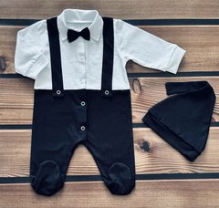 Комплект нарядный комбинезон и шапочка Джентельмен BabyStarTex, кулир, Мальчик, белый/черный, 56-62