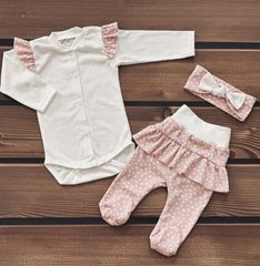 Комплект для дівчинки боді повзунки та пов'язка Babystartex, кулір, молочний/горох, Дівчинка, 56