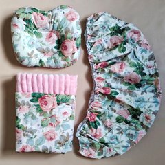 Набор для коляски наматрасник, подушка и ТЕПЛЫЙ плед Babystartex, розовый плюш/цветы розы, Девочка, для коляски